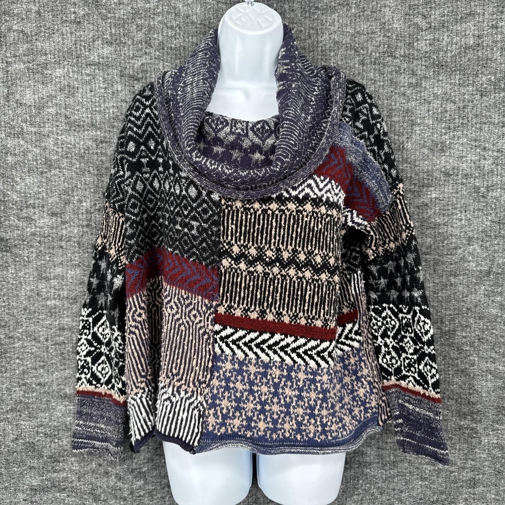 Free People Sweater Womens Small Multicolor Cowl Neck Fair Isle Pullover‎ Knit